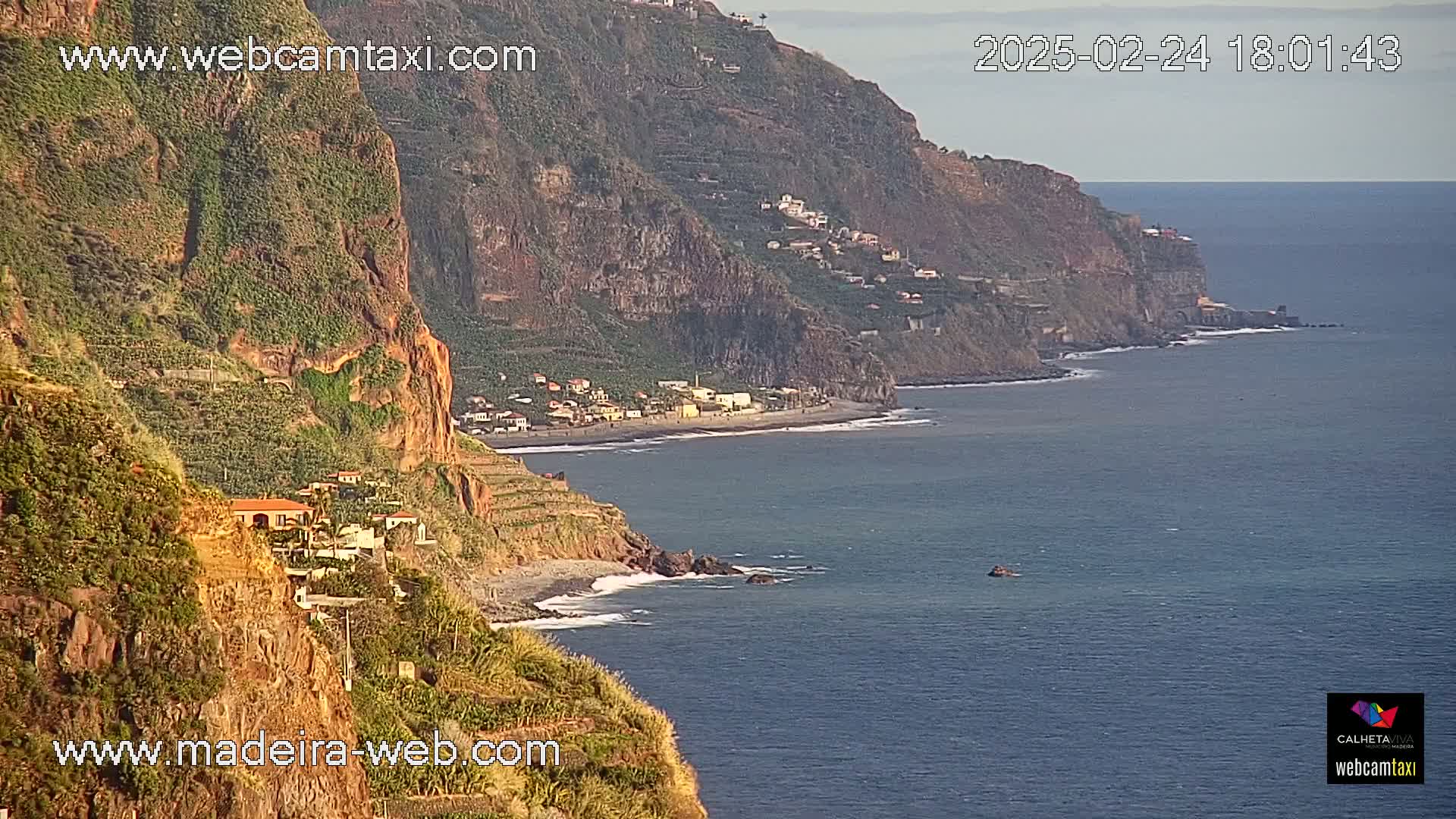 A rocky, vegetated cliffside overlooks a calm ocean with a small beach and a few buildings visible in the distance.