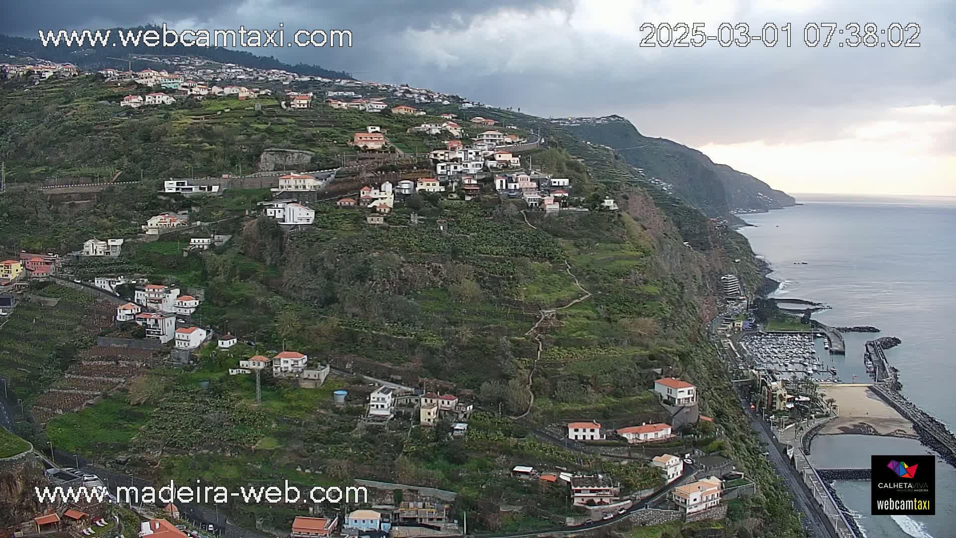 A coastal village clings to a steep, green hillside overlooking a calm ocean under a cloudy sky.