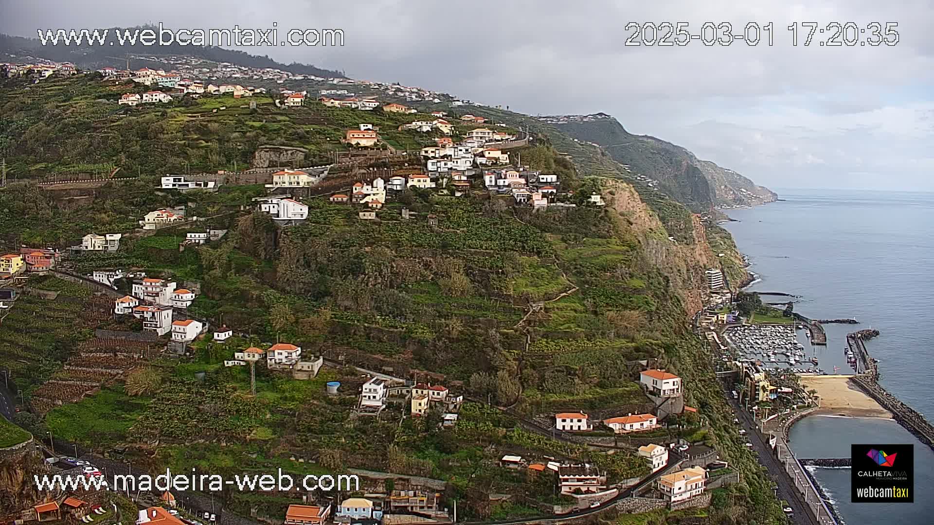 A hillside village with many houses clings to a steep, green cliff overlooking a calm ocean under an overcast sky.