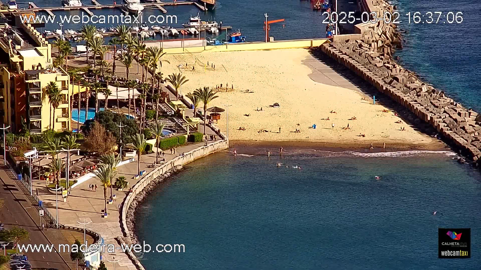 A sandy beach with sunbathers and swimmers is bordered by a stone seawall, a resort building with a pool, and calm ocean water under a sunny sky.