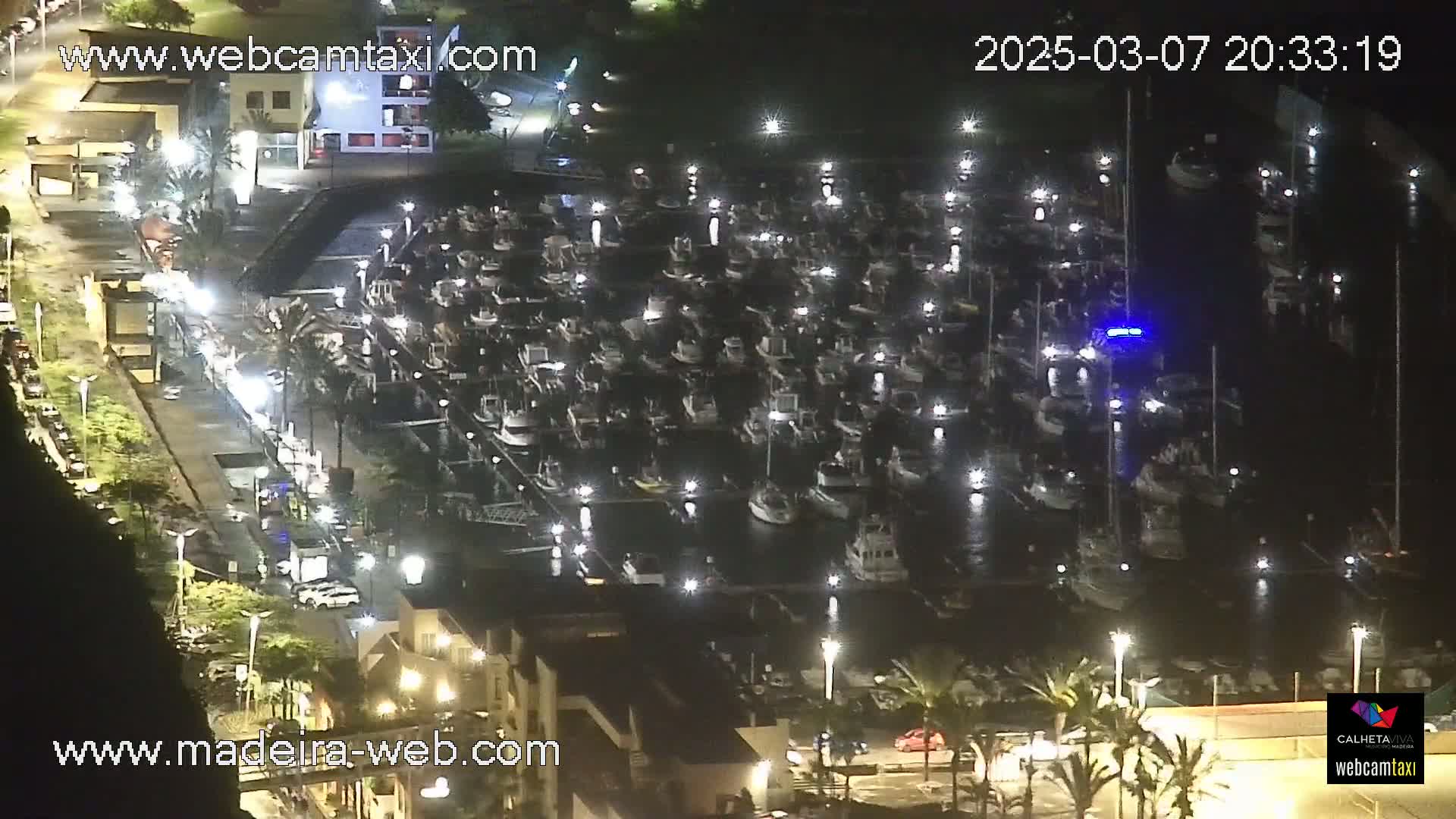 A nighttime aerial view shows a marina filled with numerous boats, illuminated by lights, alongside a paved area with cars and buildings.
