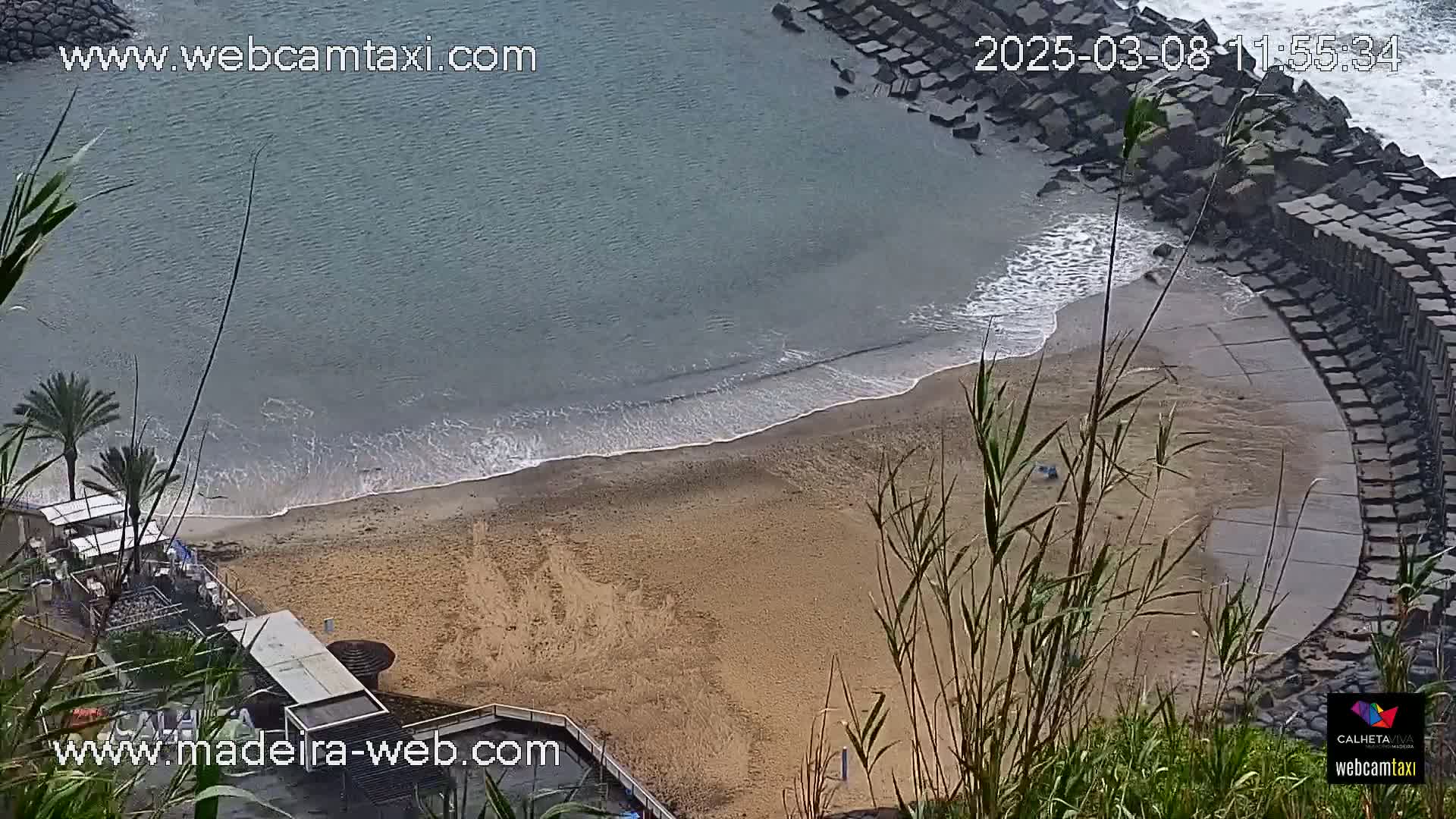 A sandy beach with small waves gently lapping the shore, bordered by a stone wall and vegetation.