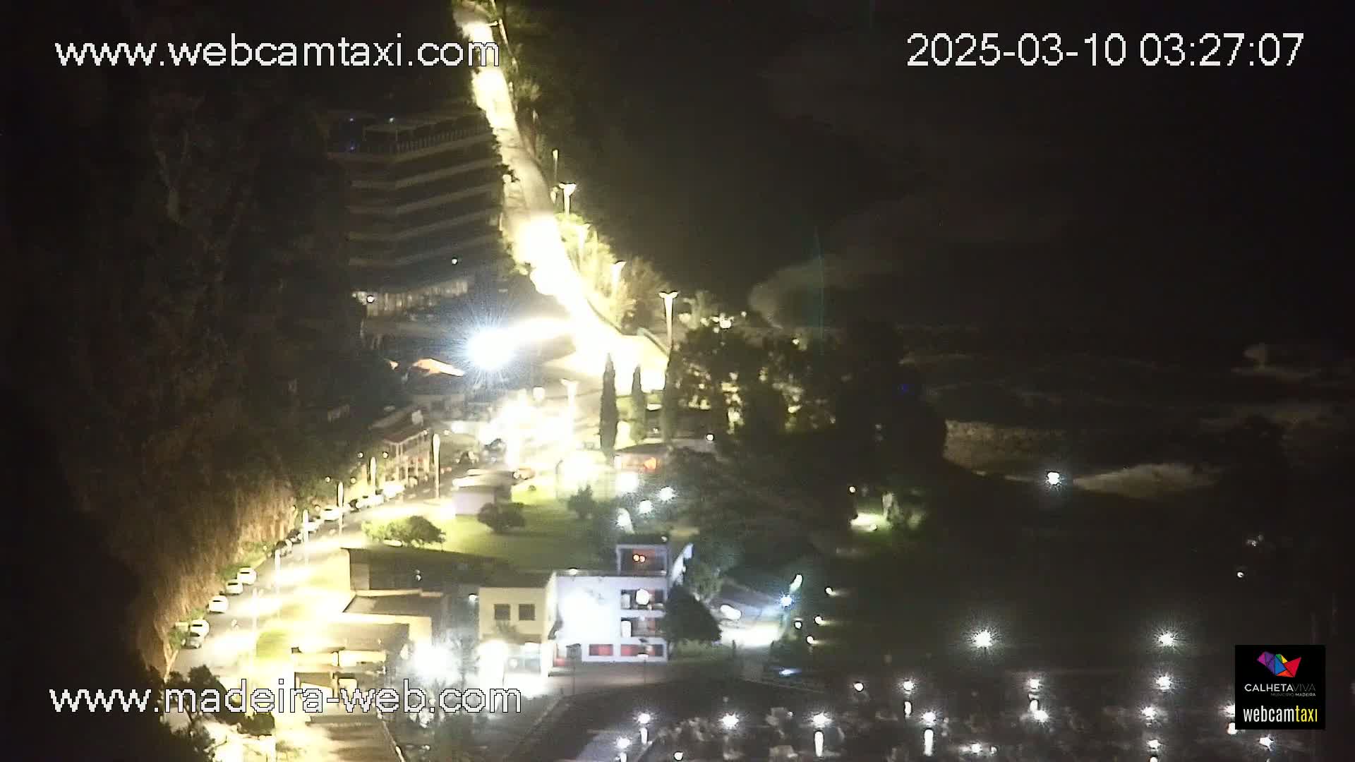 A nighttime, overhead view of a coastal town with buildings, roads illuminated by streetlights, and some sparse vegetation.