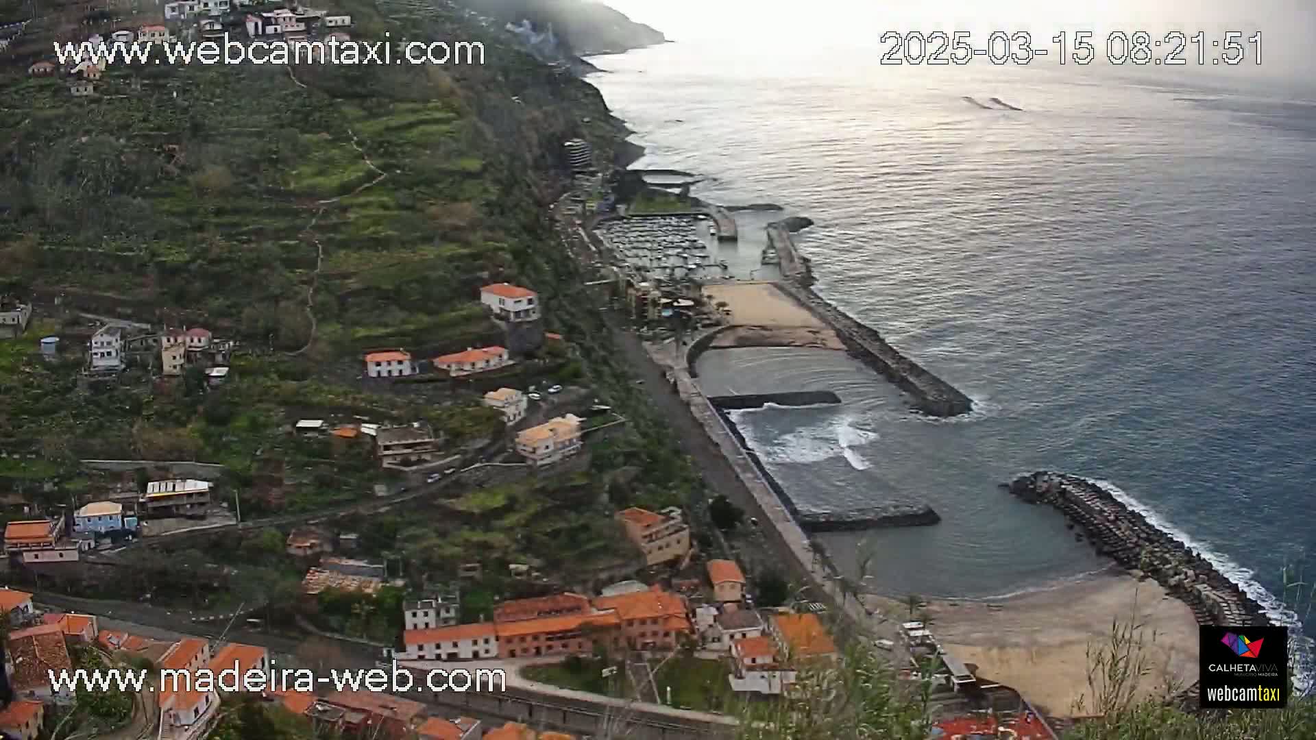 An aerial view shows a coastal town nestled on a steep, terraced hillside overlooking a small harbor with a calm sea under a mostly clear sky.