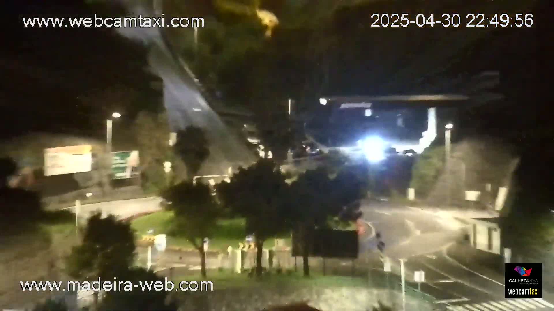A nighttime, high-angle view shows a roadway curving around a small, tree-covered area, with vehicles and pedestrians visible under artificial lighting.