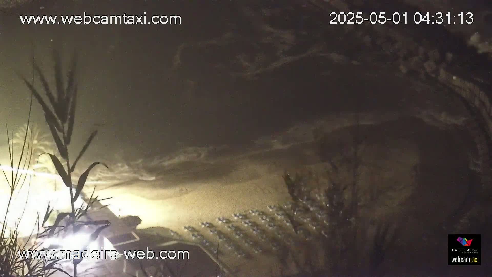 A nighttime, high-angle view shows a sandy beach with numerous lounge chairs and small waves lapping the shore.