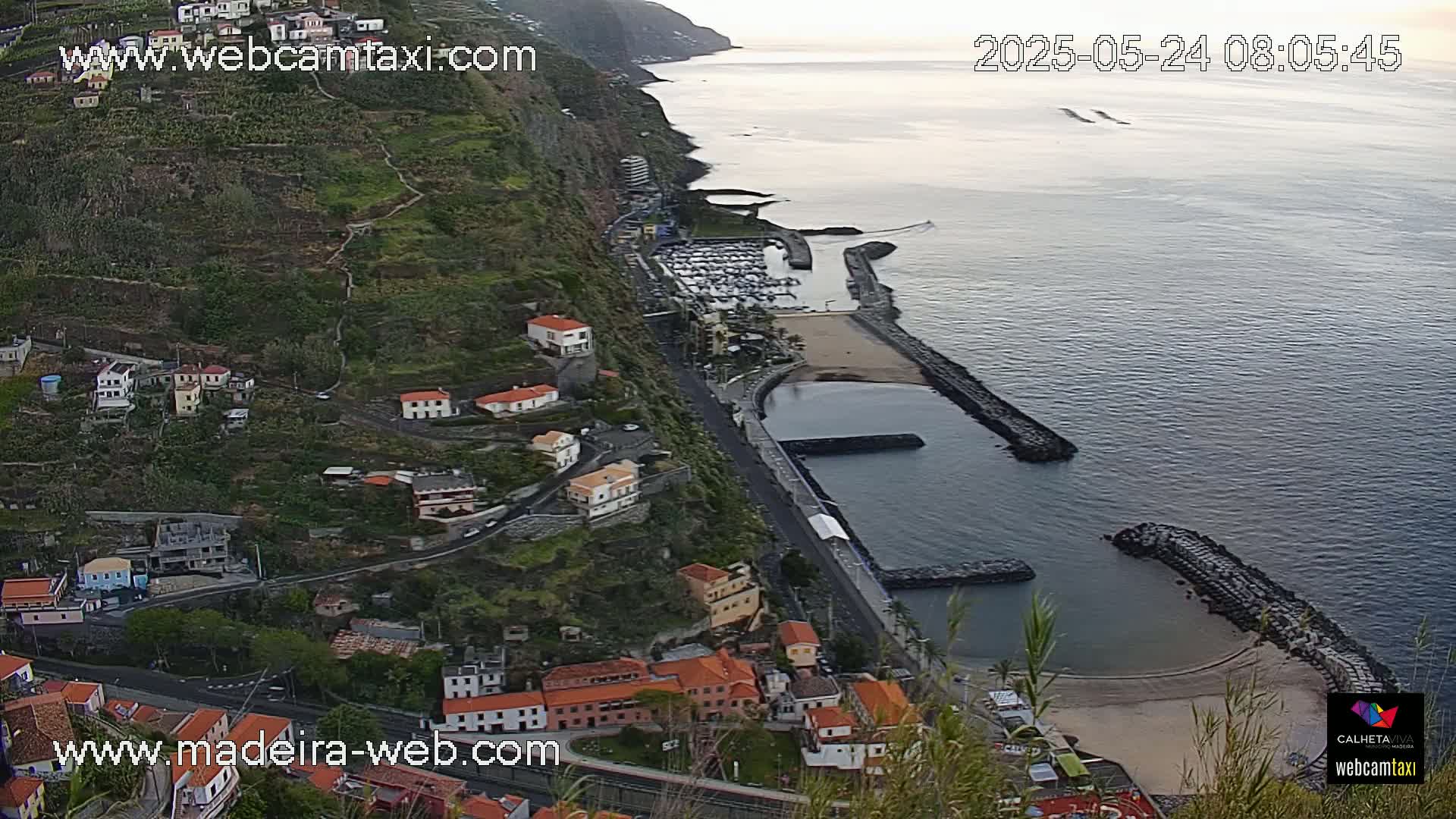 A coastal town nestled on a steep hillside overlooks a calm ocean with a small marina and sandy beach.
