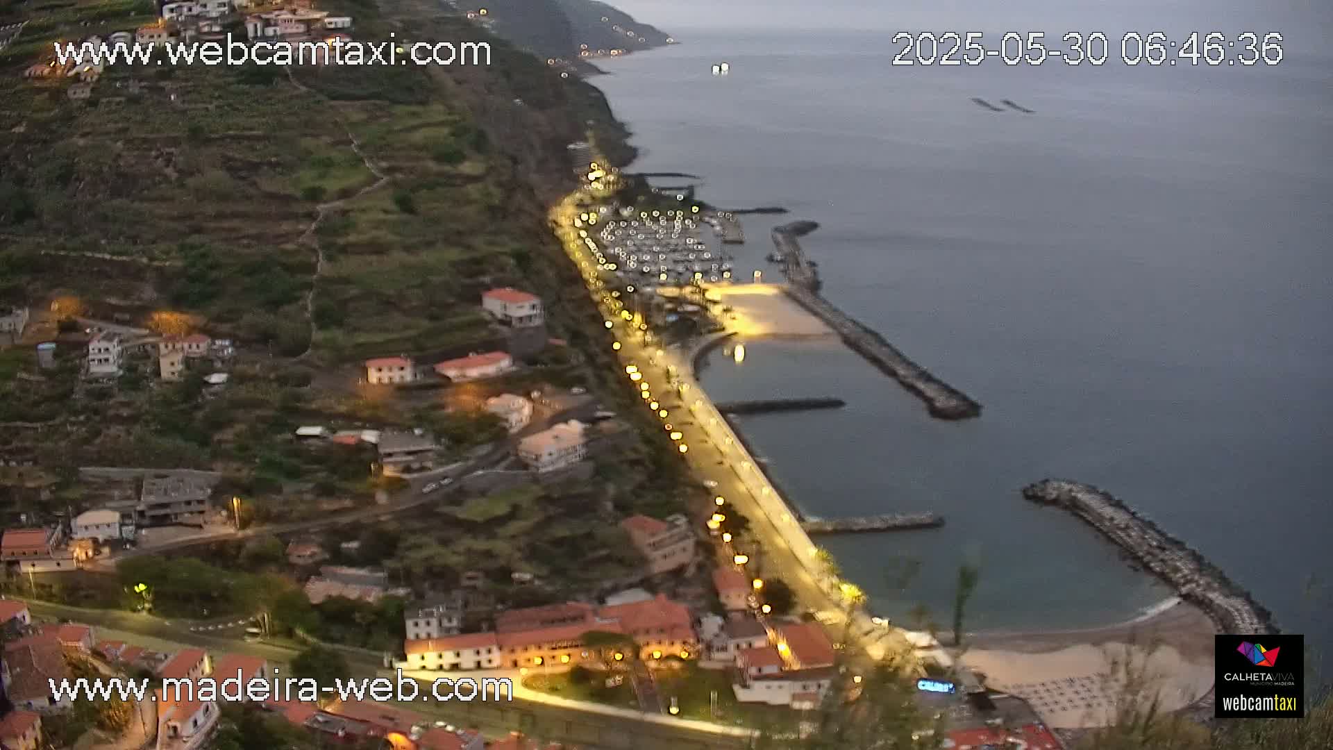 A coastal town at twilight is nestled on a hillside overlooking a calm harbor with a small beach and marina, illuminated by streetlights.