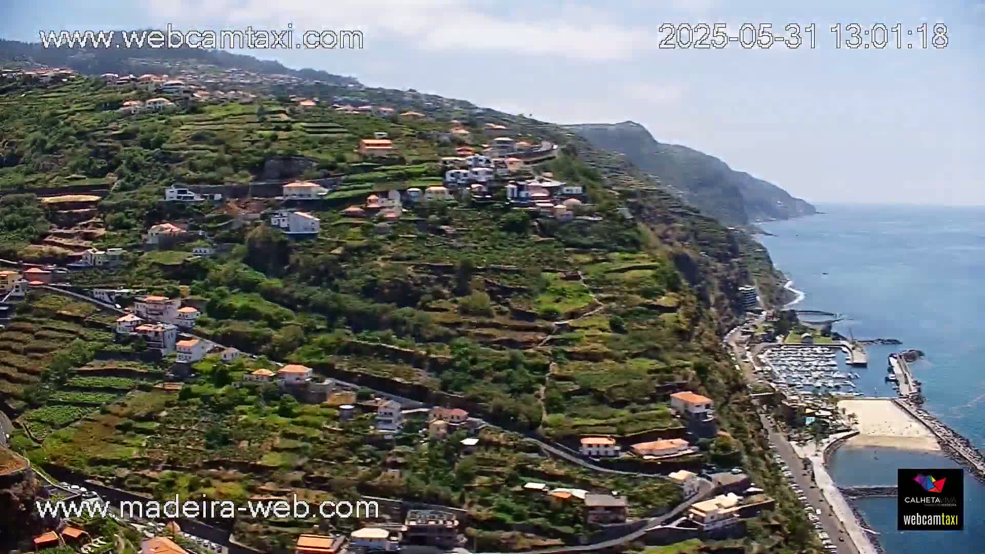 A coastal village clings to a steep, terraced hillside overlooking a calm ocean with a marina and small beach.