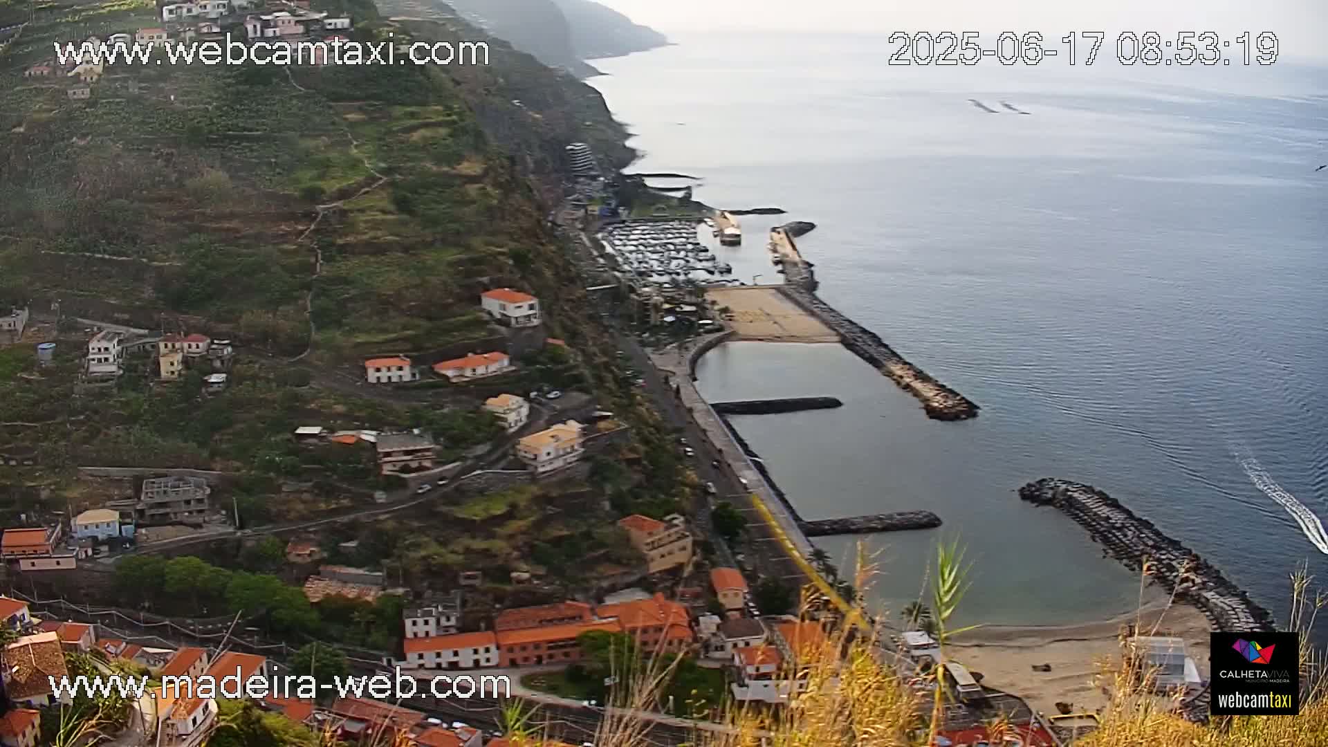 A coastal town nestled on a steep hillside overlooks a calm harbor filled with boats on a partly cloudy day.