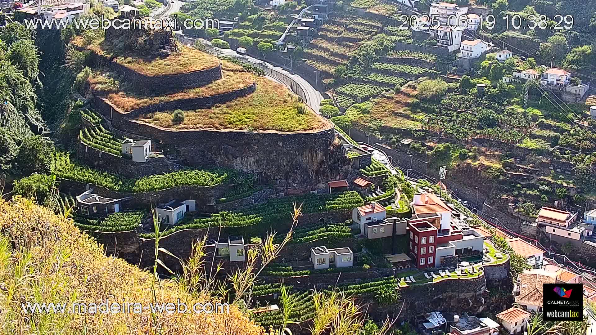 A hillside village with terraced vineyards and houses clings to a rocky cliffside on a sunny day.