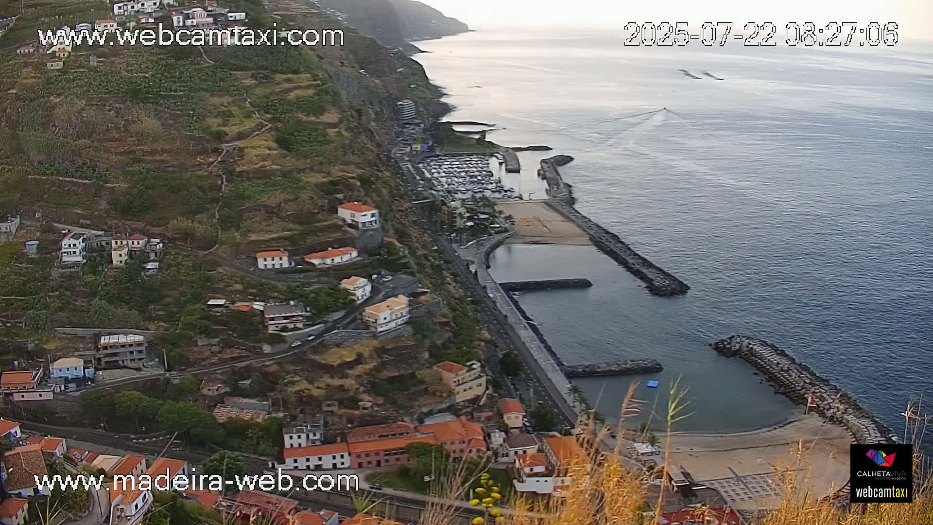 A coastal town nestled on a steep hillside overlooks a calm ocean with a small marina and sandy beach under a mostly clear sky.