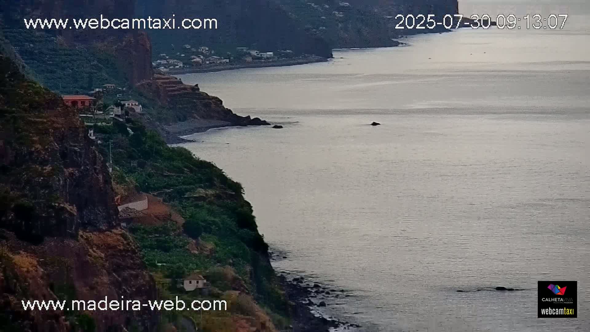 A rocky, green cliffside overlooks a calm, gray ocean on an overcast day.
