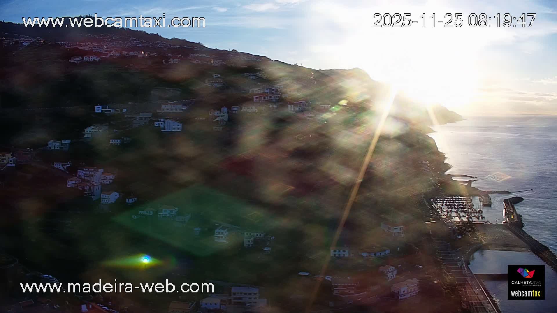 A bright sunny morning illuminates a coastal hillside town with numerous houses descending towards a calm, sparkling ocean featuring a small harbor, all under a clear sky.