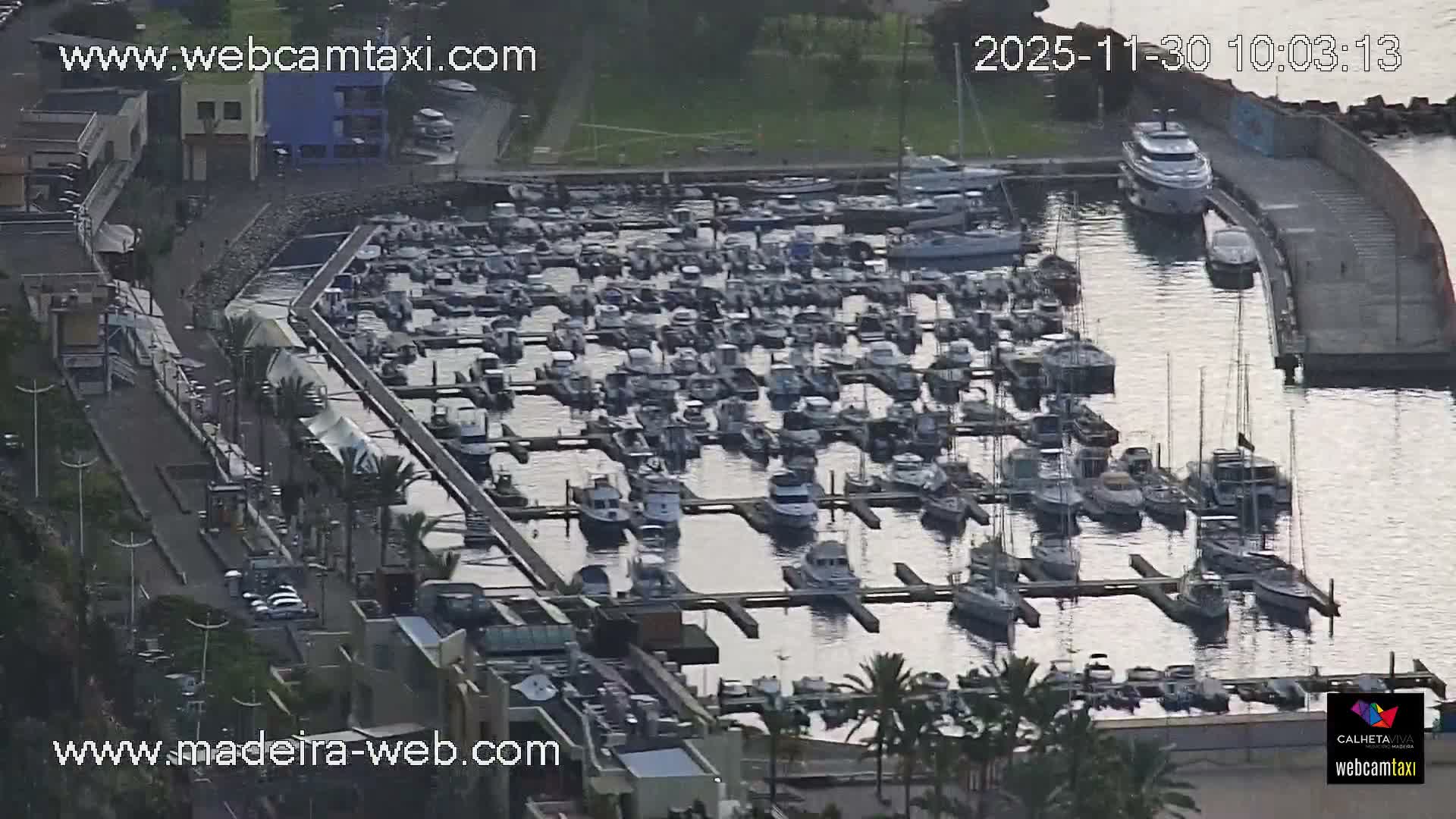 The image displays an aerial view of a crowded marina filled with a variety of boats and yachts, flanked by a waterfront promenade and buildings, under bright and calm daytime weather.