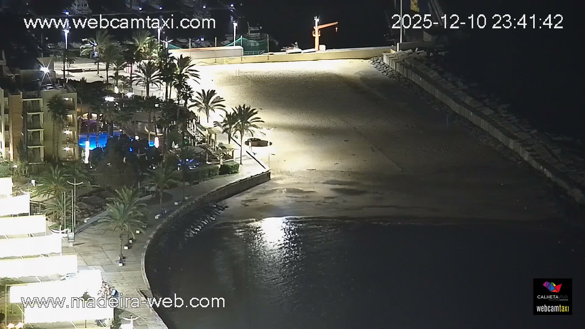 A clear night scene reveals a brightly lit sandy beach next to the calm ocean, bordered by a promenade with palm trees and a multi-story building featuring a glowing blue swimming pool.