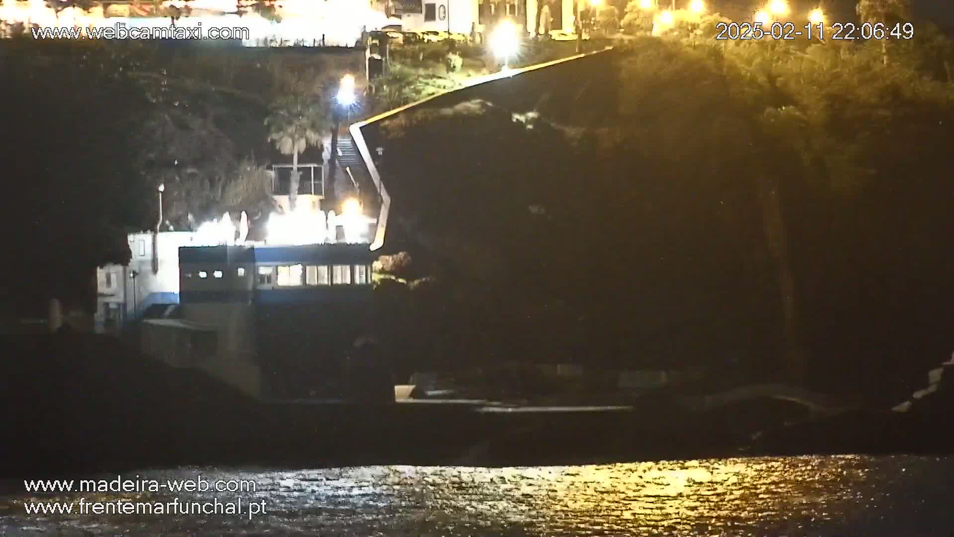 A nighttime view of a dark building near a body of water reflecting light, with illuminated trees and buildings in the background.