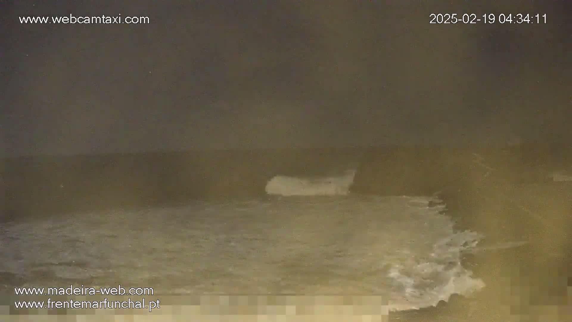 A dark, nighttime coastal scene shows waves crashing against a shoreline under an overcast sky.