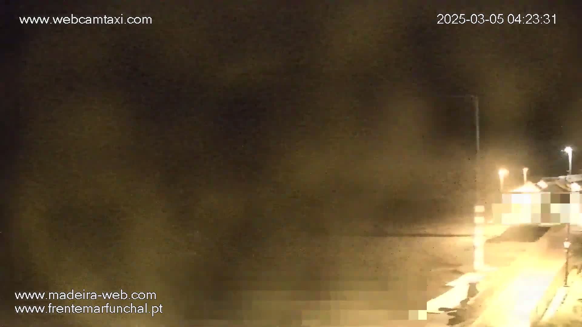 A nighttime, hazy view of a beach with lights from buildings and lampposts visible in the distance.
