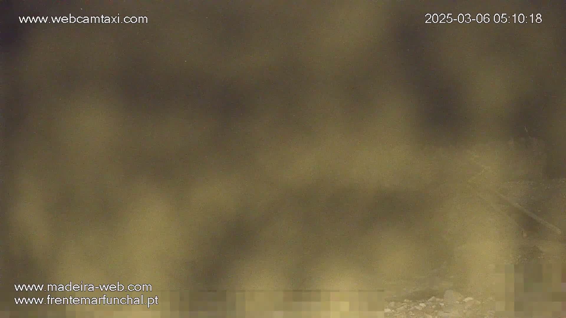 A blurry, dark, possibly nighttime outdoor scene shows a muted brown ground with indistinct shapes and possibly a roadway.