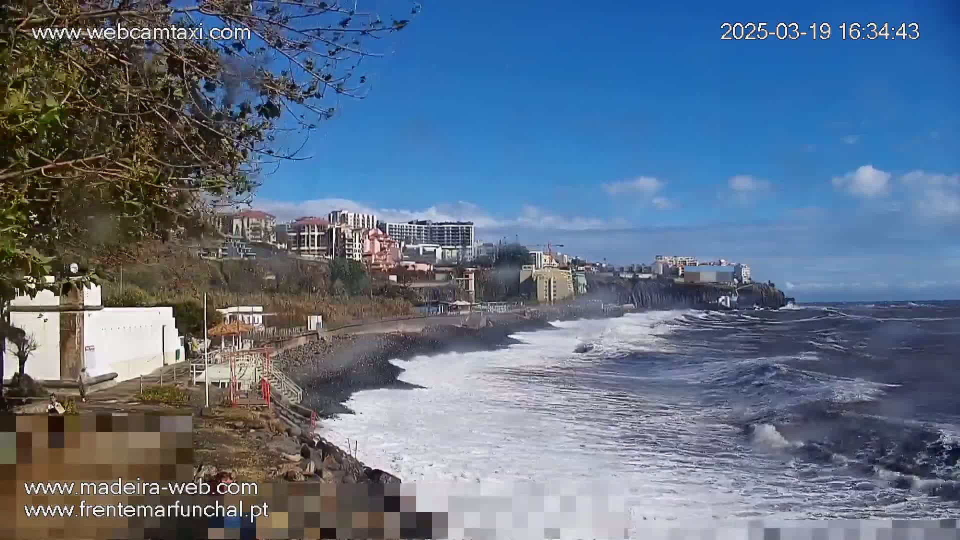 A rocky coastline with buildings and vegetation overlooks a dark, choppy ocean under a mostly sunny sky.