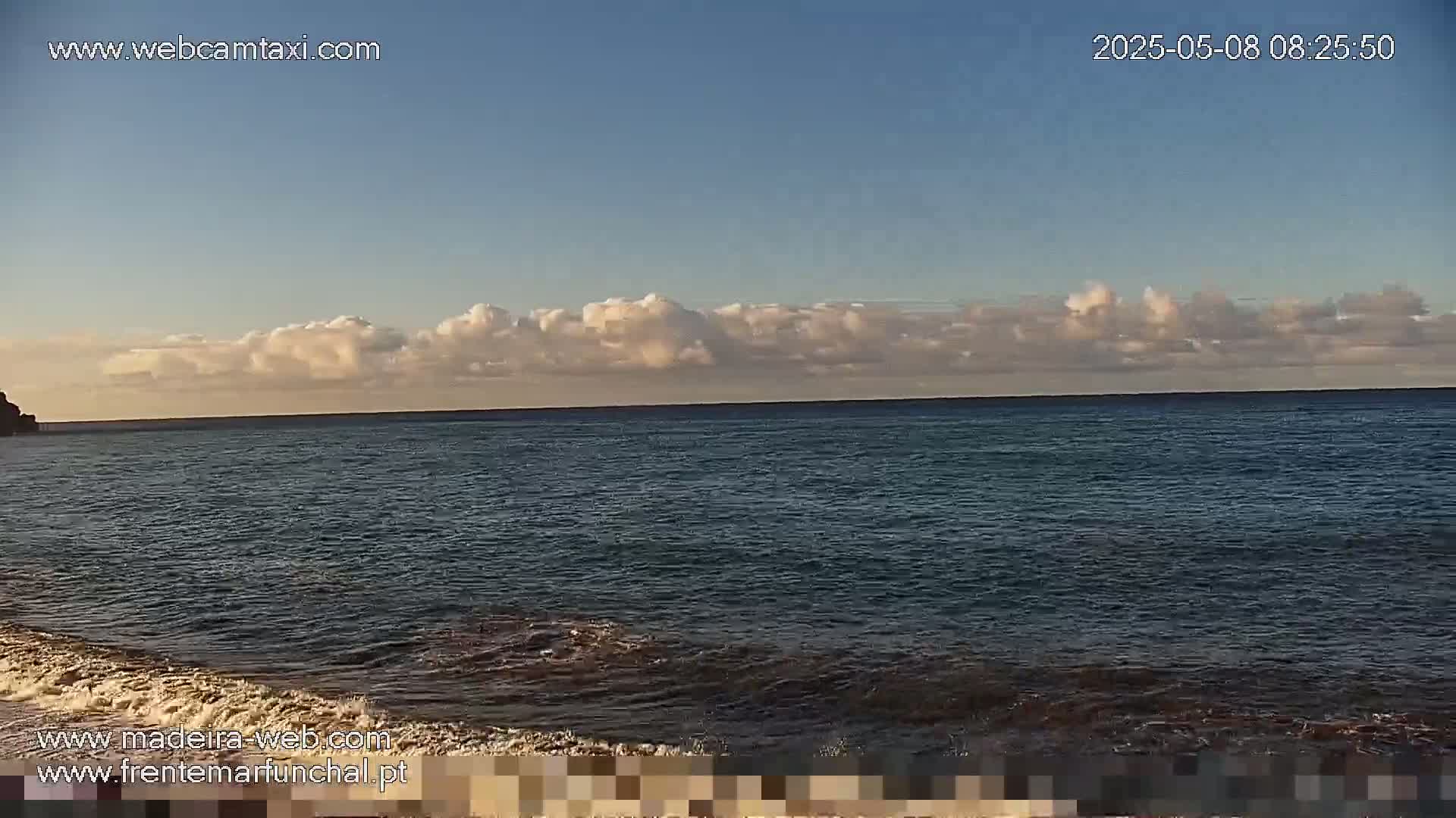 A calm ocean with a low band of fluffy clouds under a clear sky meets a sandy shore with gentle waves.