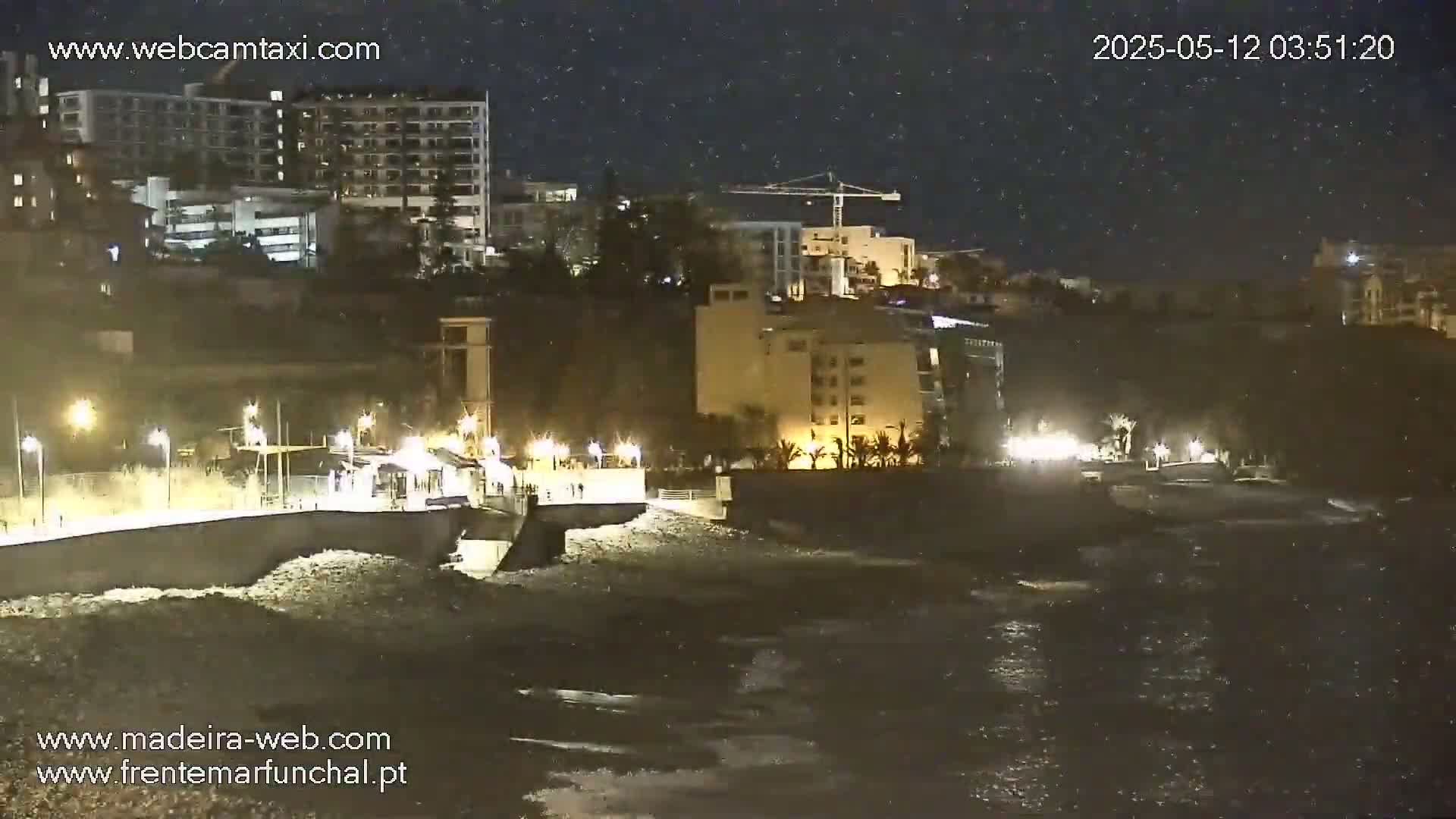 A nighttime coastal scene shows illuminated buildings and a dark ocean with gentle waves under a starry sky.