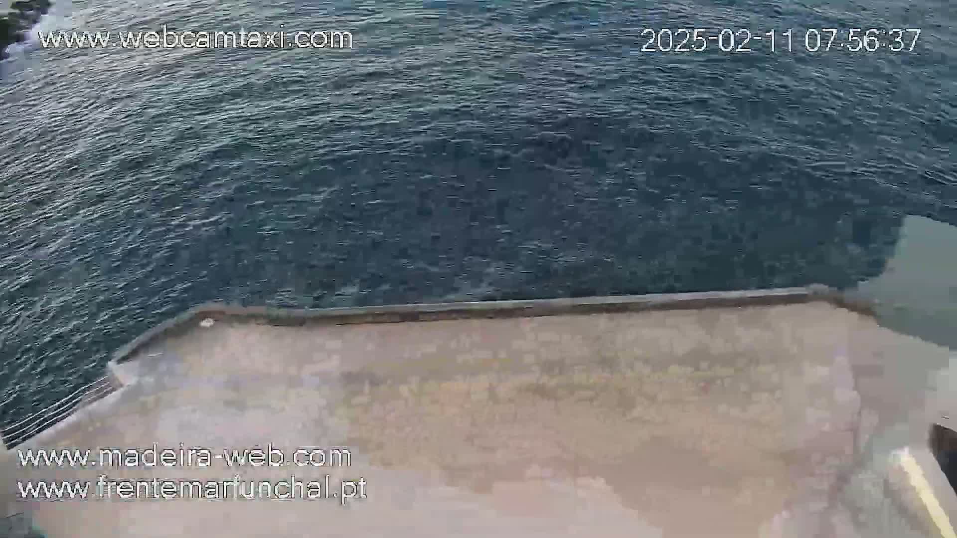 A high-angle view shows a calm body of dark blue water meeting a light beige concrete surface.