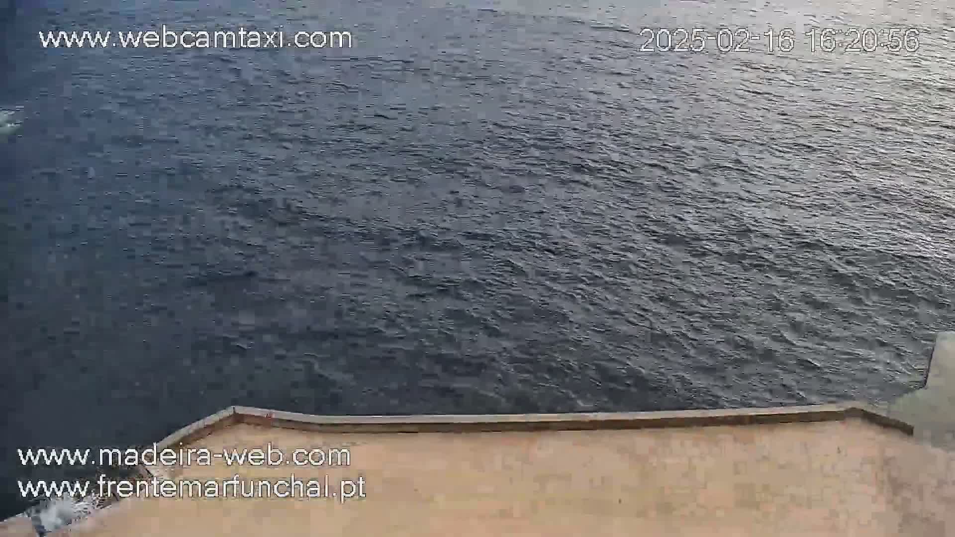 A tan wall meets a dark-grey body of water with small waves under a seemingly overcast sky.