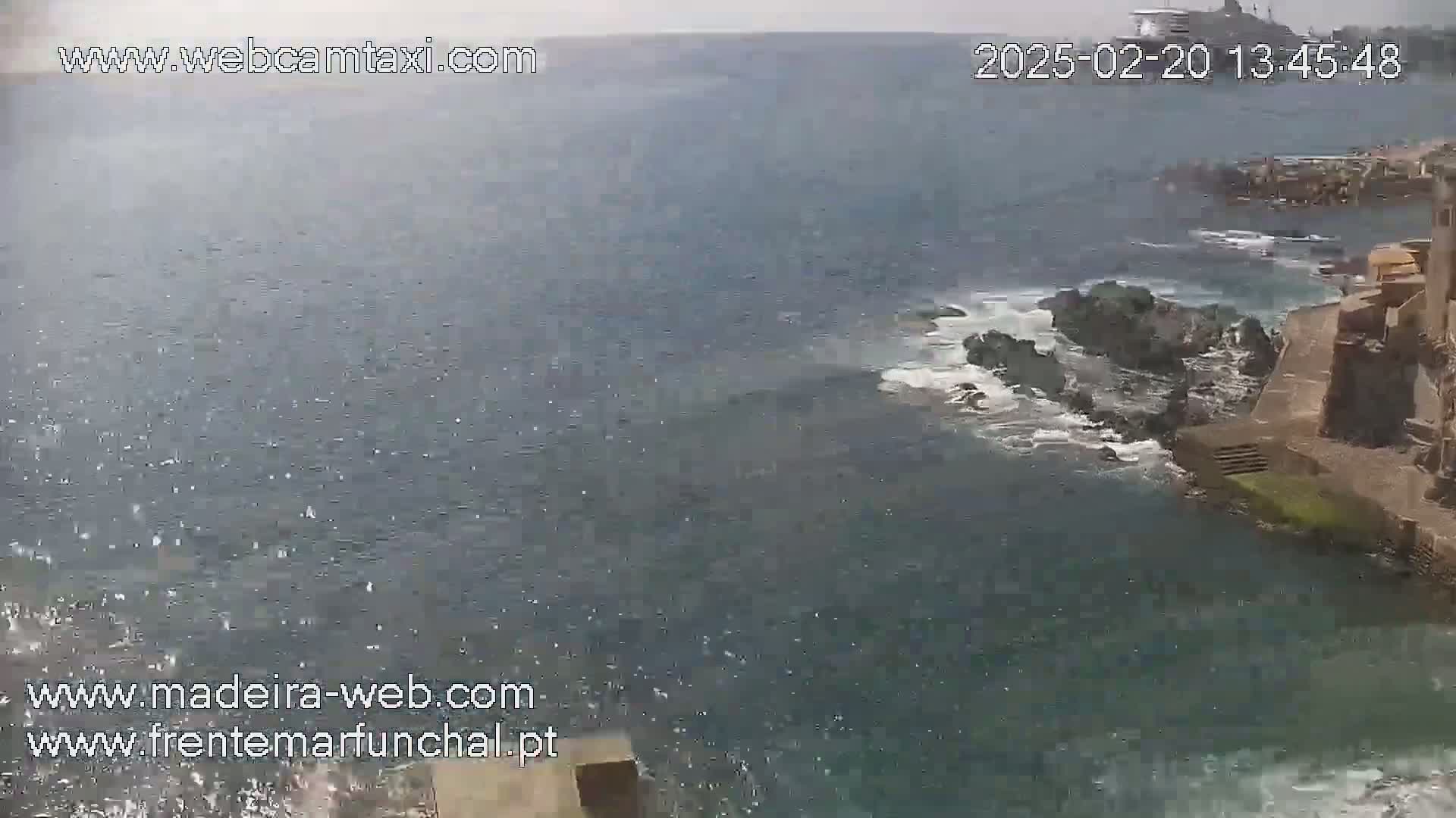 A rocky coastline with waves crashing against it is seen from an elevated vantage point on a somewhat overcast day.
