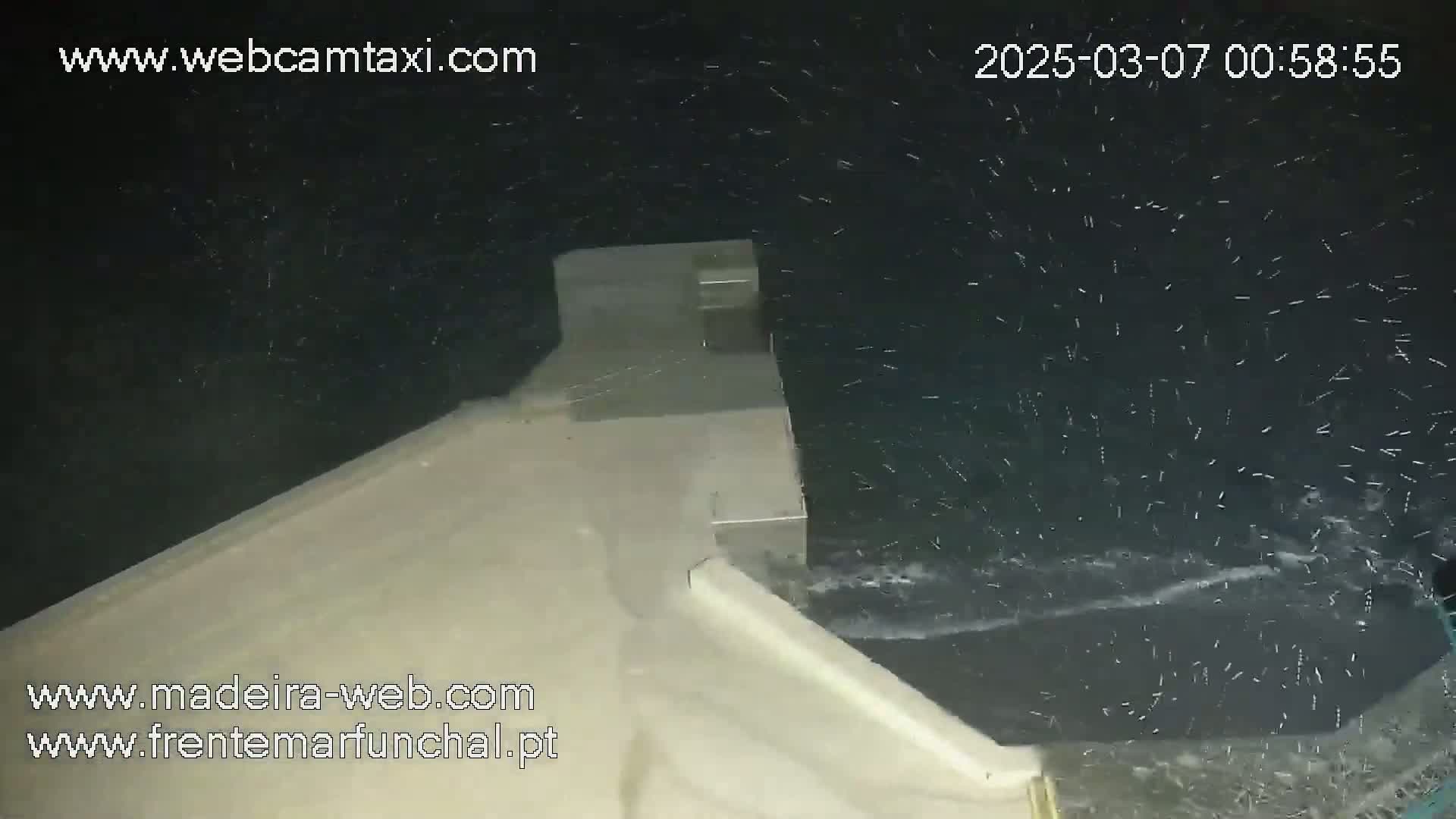 A high-angle nighttime view shows a light-colored structure extending into dark water with many small, white objects falling or floating on the surface.