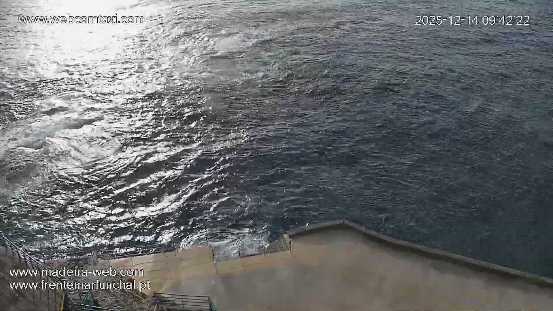 The image displays a dark body of water, likely the sea, reflecting faint lights under a partly cloudy night sky, with a concrete pier and railings visible in the foreground.
