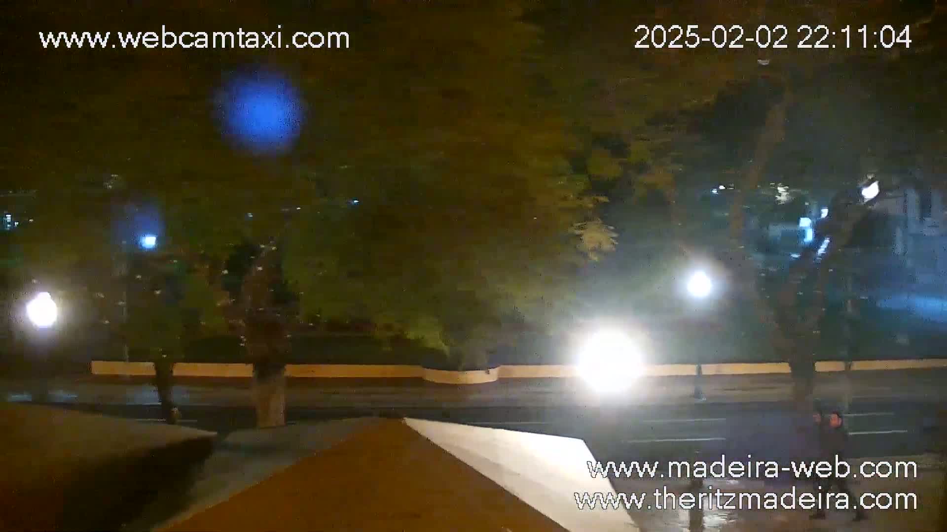 A nighttime street scene shows a wet road under streetlights with some trees and a few pedestrians, illuminated by vehicle headlights.