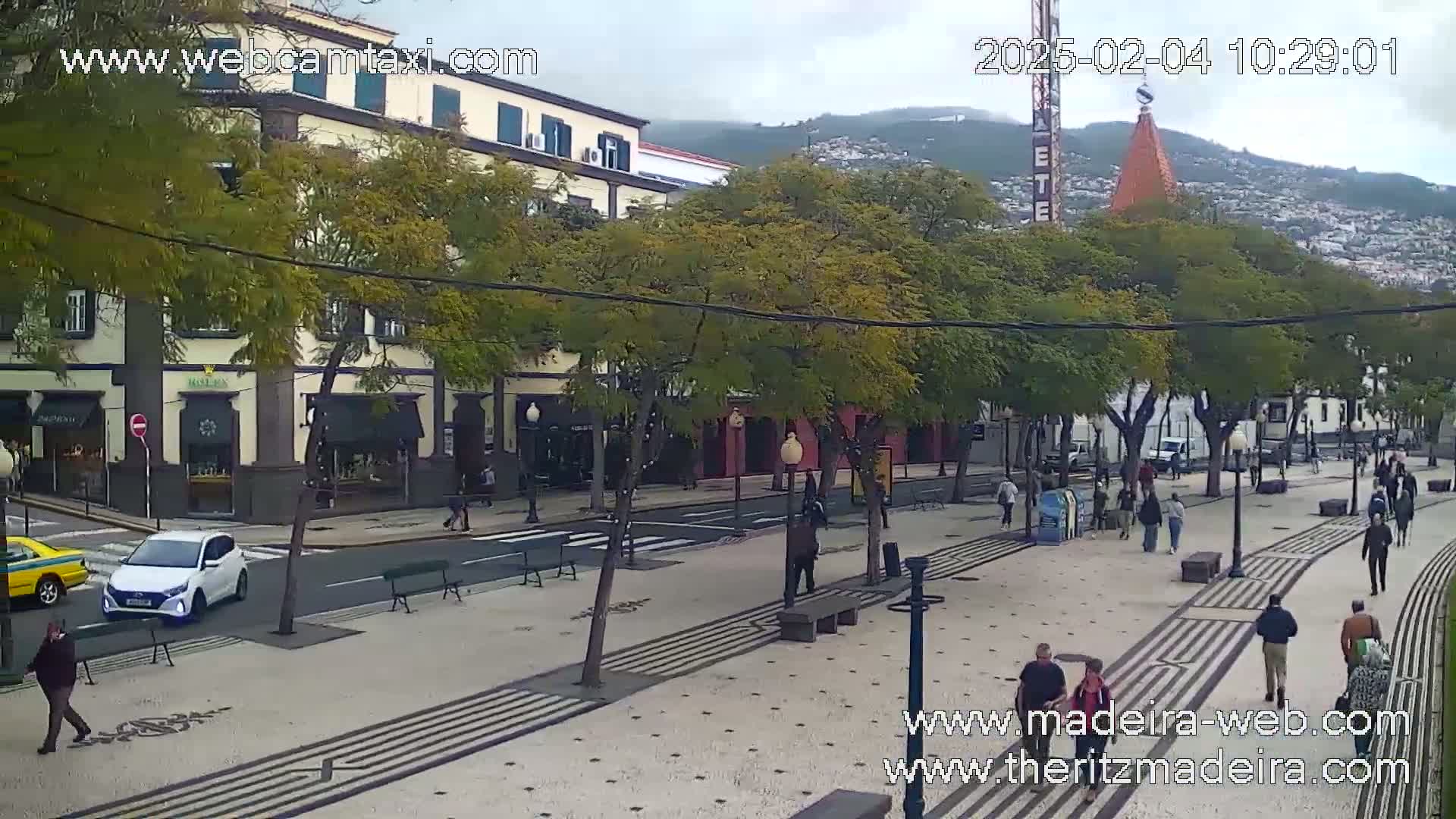 A city street scene under an overcast sky shows pedestrians walking along a paved area lined with trees and buildings.