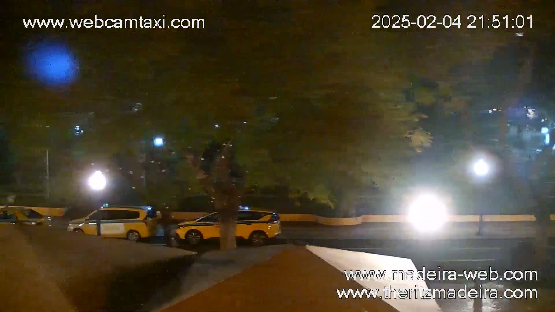 At night, two yellow taxis are parked on a city street under bright streetlights.