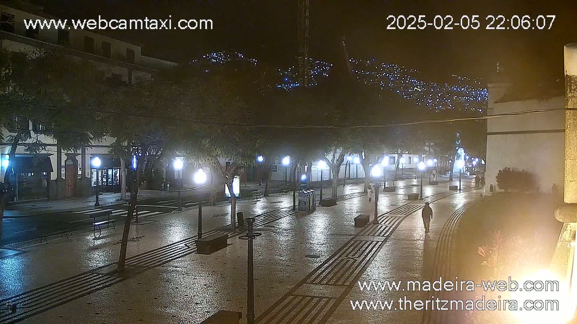 A wet, nighttime street scene shows a paved plaza lined with trees and lampposts, with a few people walking, under a partly cloudy sky.