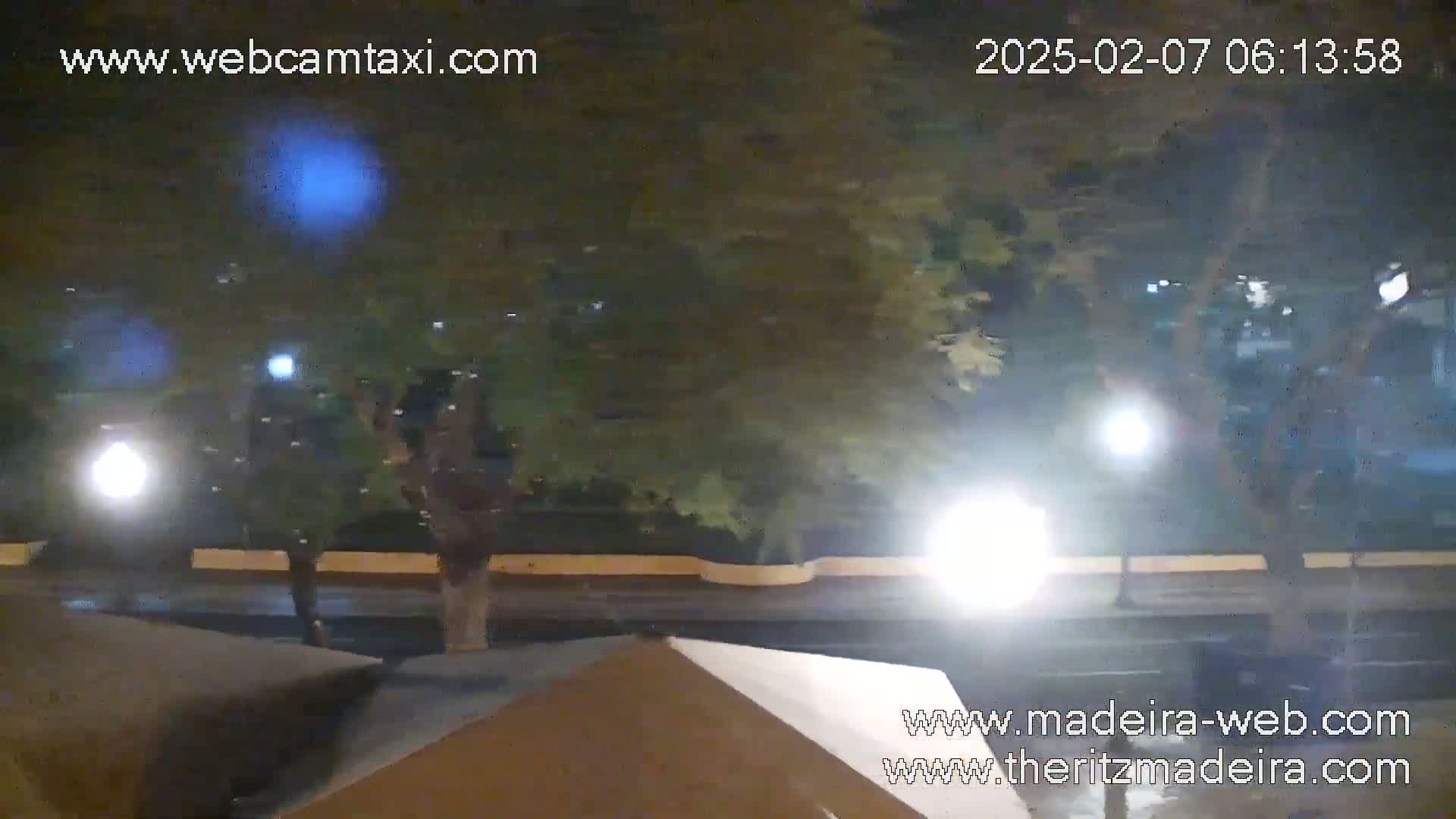 A nighttime street scene shows a road with some cars and trees under streetlights.