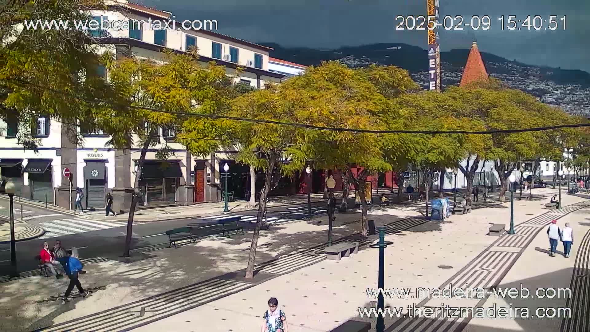 A sunny city square with pedestrian walkways, lined with trees and buildings, some people walking around.