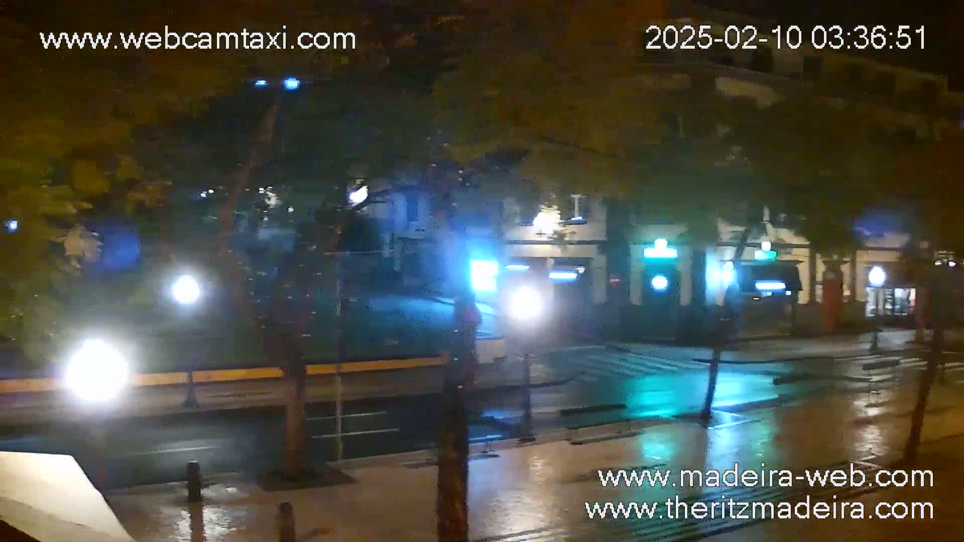 A rain-slicked street at night, illuminated by streetlights and building lights, shows a few vehicles and some pedestrian activity.