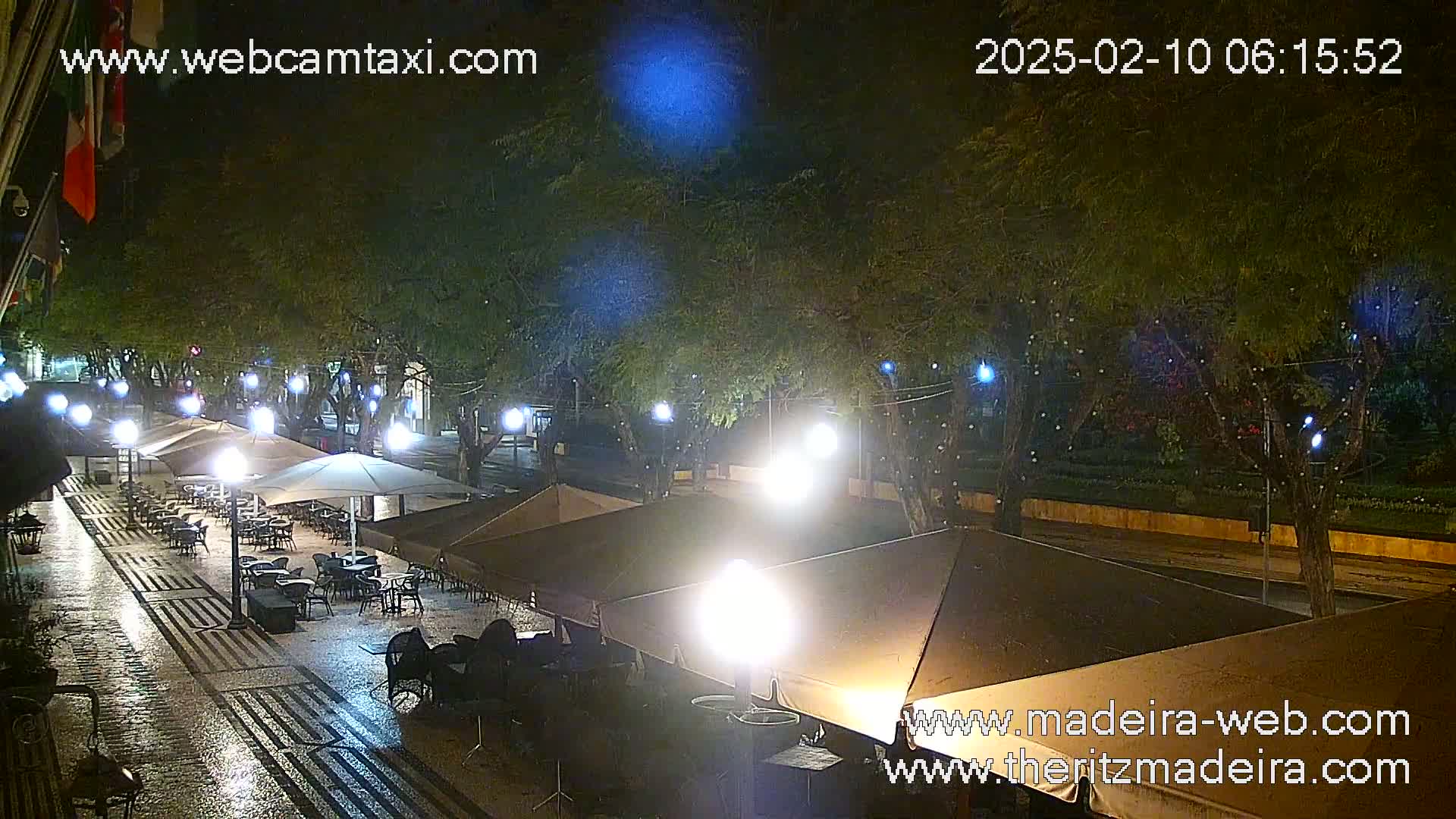 A nighttime view of an outdoor cafe patio with numerous umbrellas and lights under a light rain.