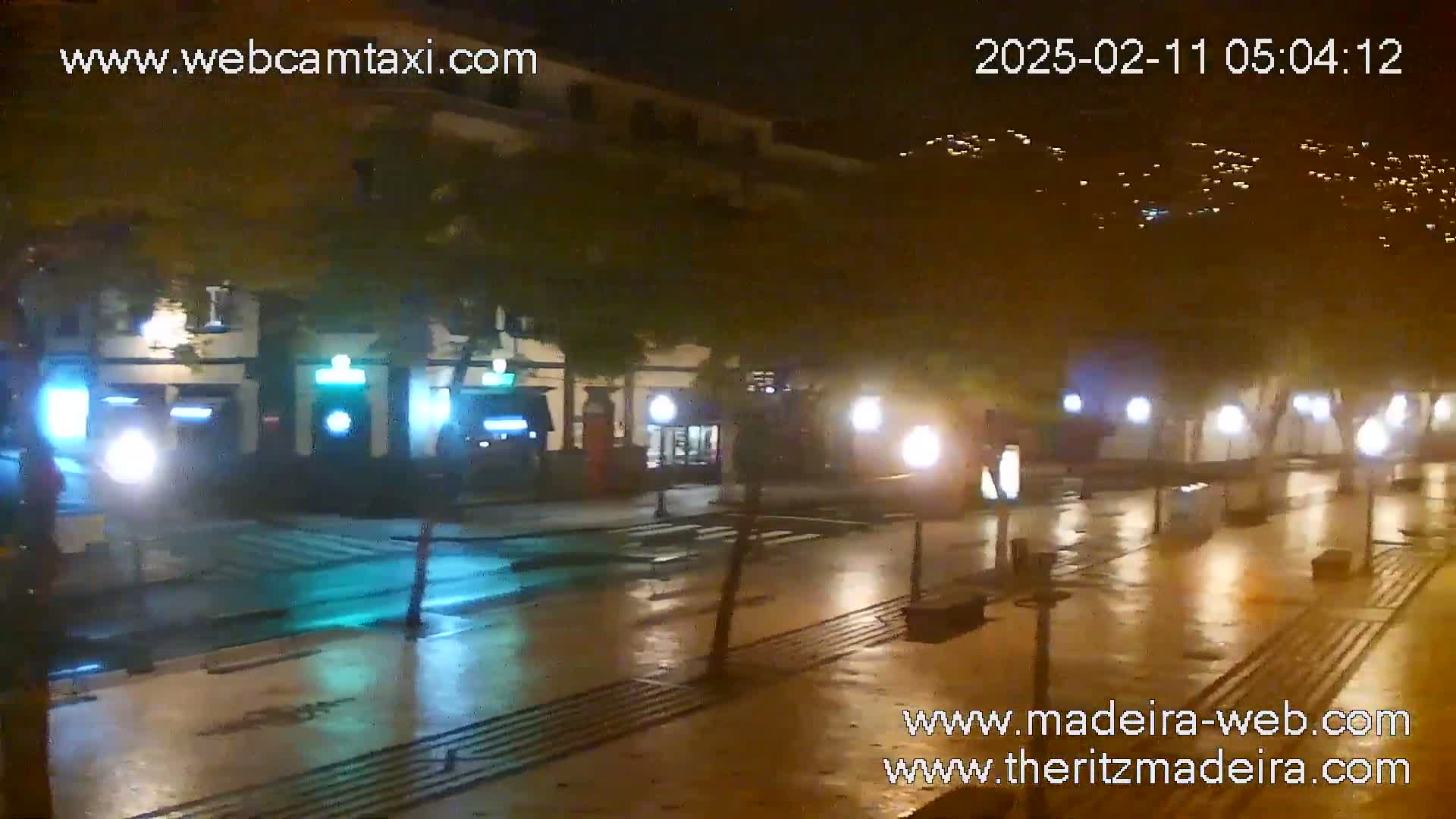 A rain-slicked street at night is illuminated by streetlights and the glow of buildings, with some vehicles visible in the distance.