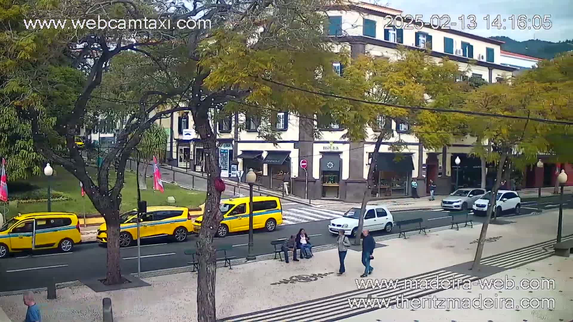 Several yellow taxis and other cars are parked along a city street under an overcast sky, with people walking on a paved pedestrian area in front of multi-story buildings.