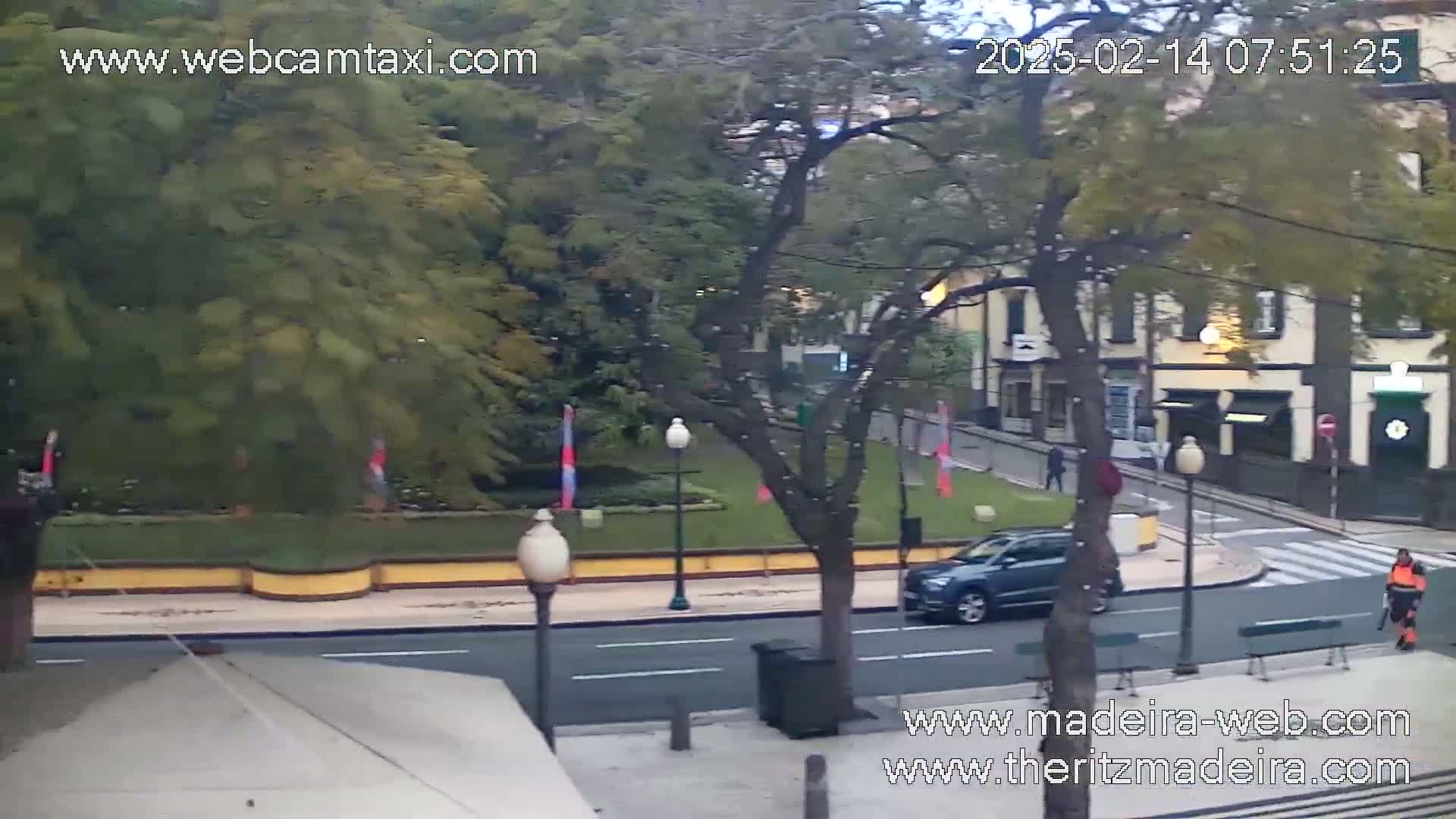 A street scene on an overcast day shows a small square with a tree, a parked car, and a person sweeping the sidewalk.