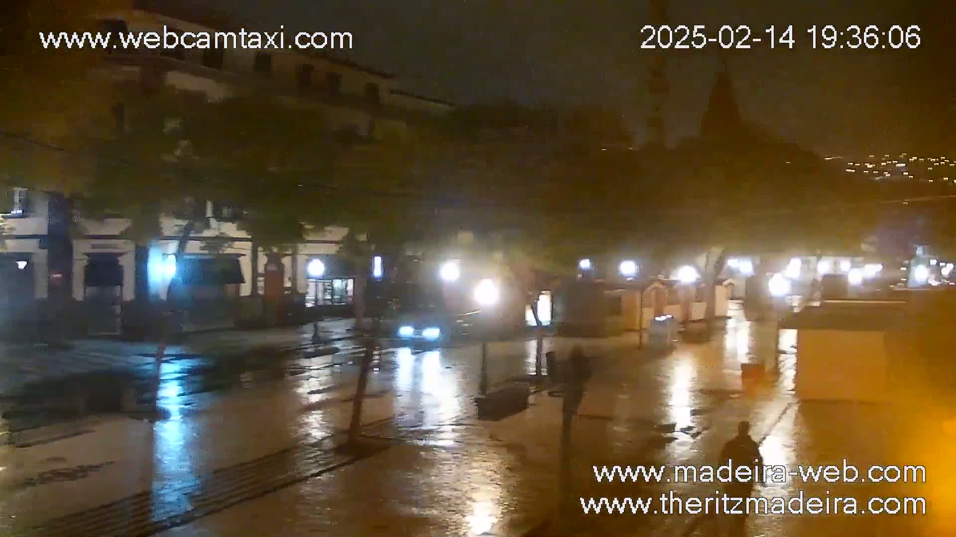 A rain-slicked nighttime street scene shows a few vehicles and pedestrians near brightly lit buildings.