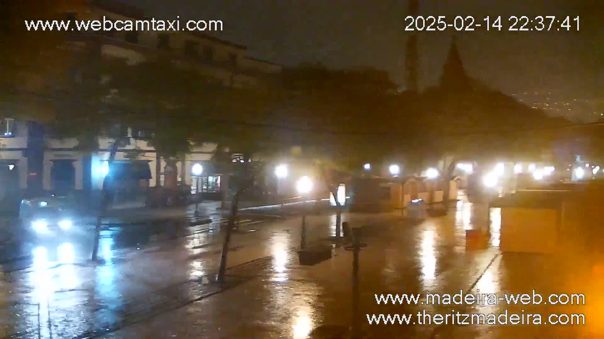 A rain-slicked street at night is illuminated by streetlights reflecting on the wet pavement, with buildings and vehicles visible in the background.