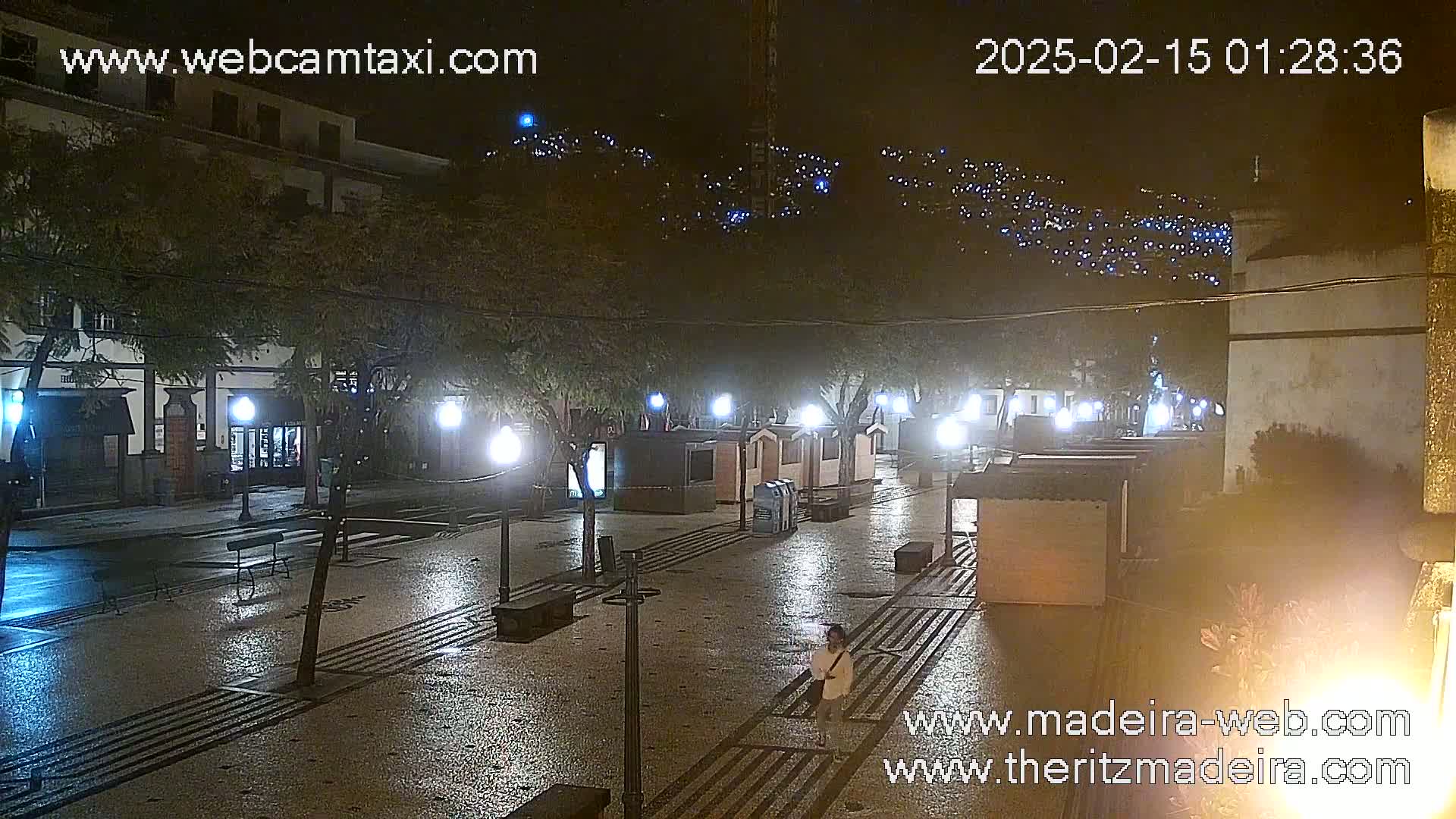 A wet, nighttime town square is illuminated by streetlights, with a person walking near small buildings and trees.