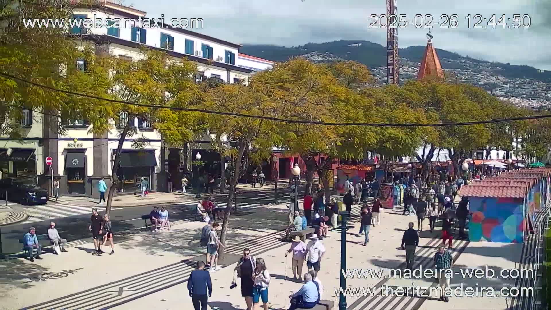 A sunny outdoor plaza scene shows many people walking and sitting amidst leafy trees, buildings, and market stalls.
