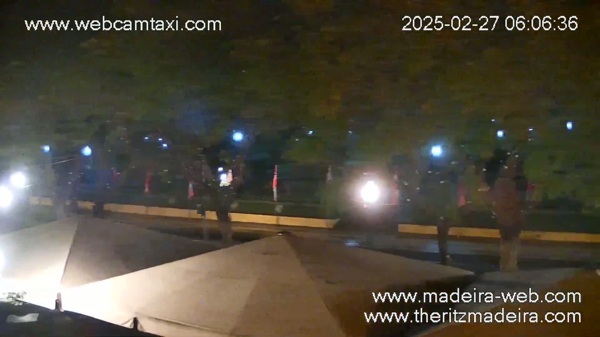 At night, a procession of people, possibly on horseback, moves along a wet street under artificial lights, past partially visible outdoor seating.