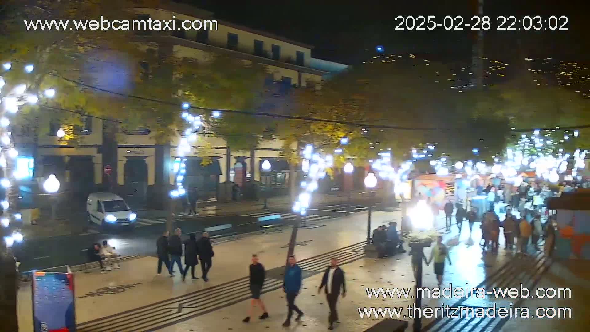 A nighttime street scene shows pedestrians walking along a paved area lined with trees decorated with string lights, under a dark sky.