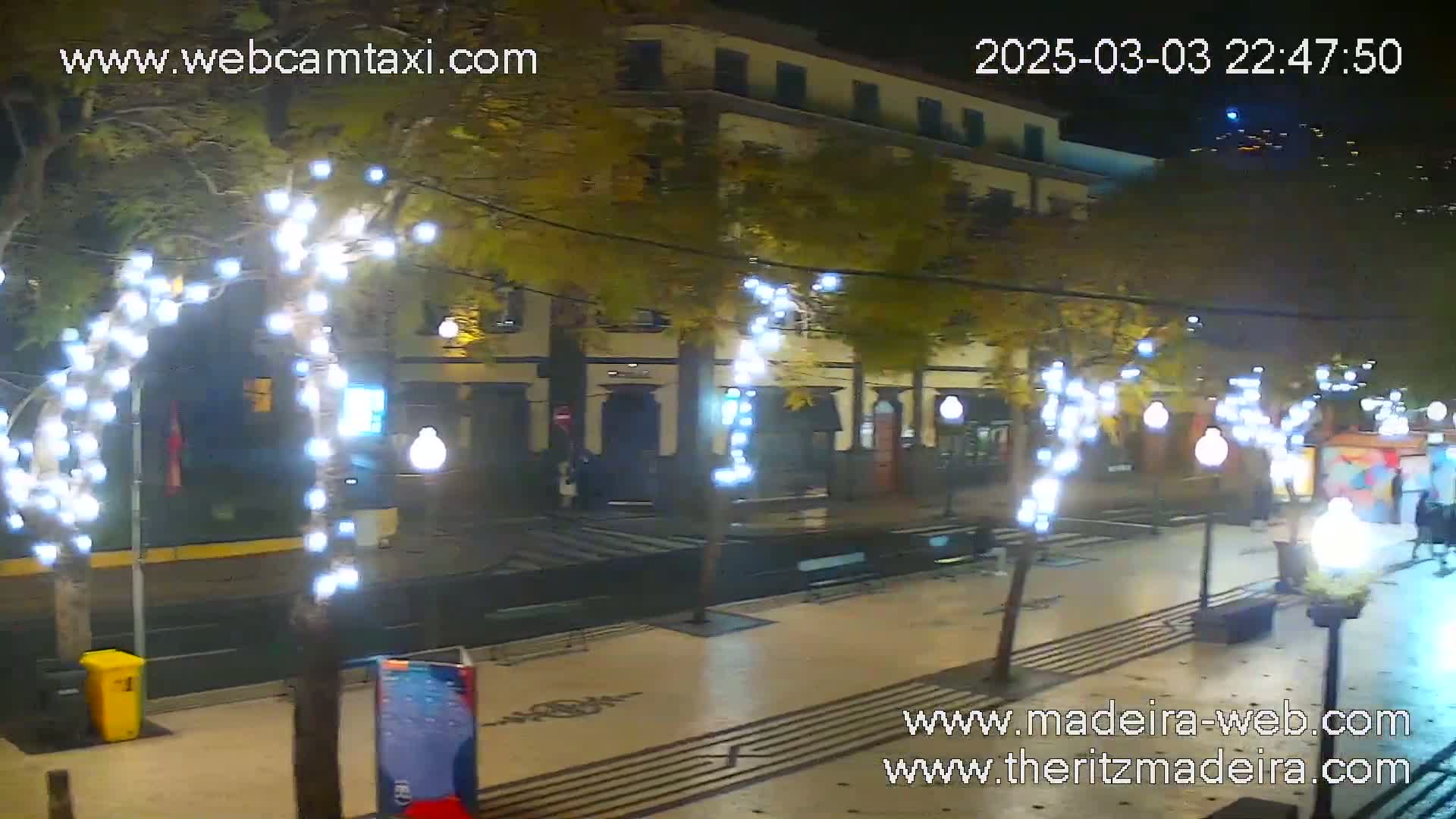 A nighttime street scene shows a wet, paved pedestrian area with trees decorated with white string lights, a building with lights on, and a few people walking.